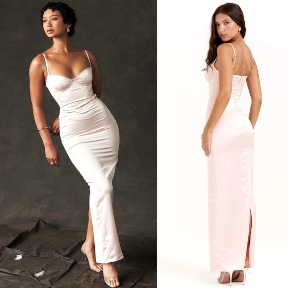 HOCB Dress Stefania Corset Maxi Satin Prom Date Soft Peach M FLAW - Picture 1 of 9